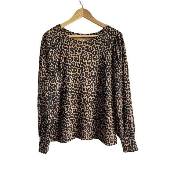 LOFT Size Medium Leopard Animal Print Black Tan Jersey Sweatshirt Puff Sleeve 10 - Picture 1 of 12